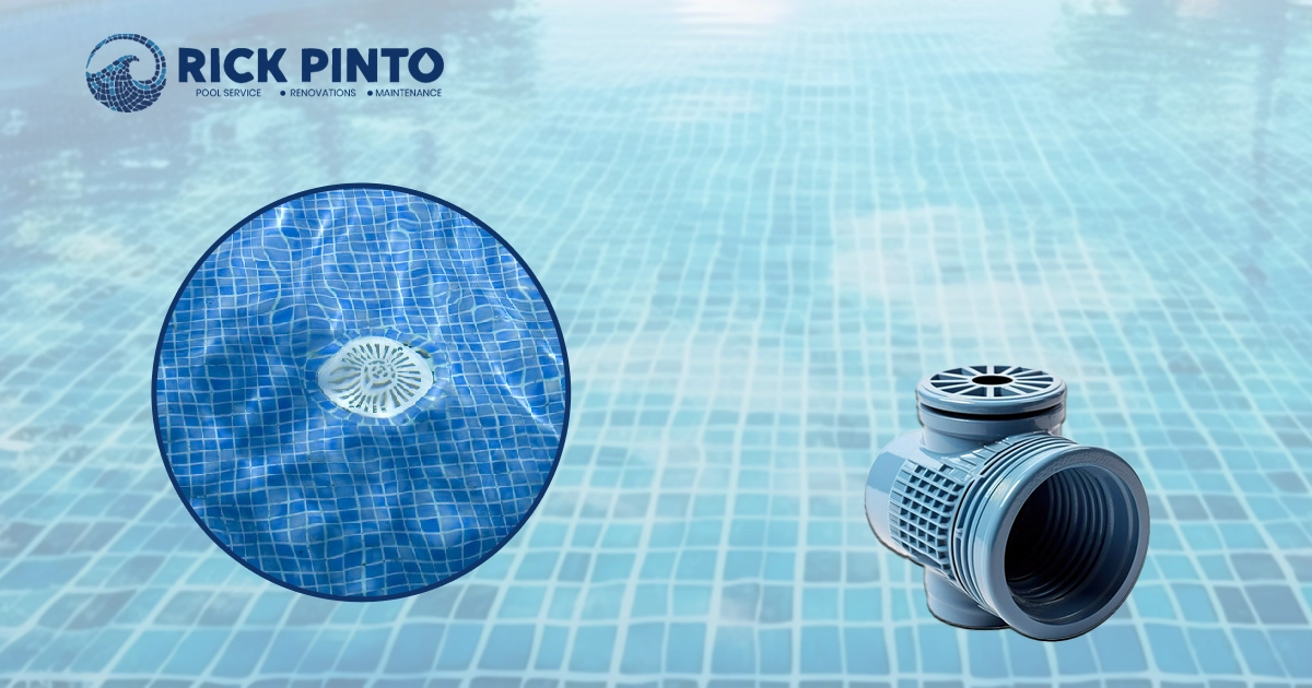 A close-up shot of a white pool jet return fitting submerged in clear blue water against a backdrop of light blue square pool tiles. To the right, a detailed image of the same pool jet return fitting is shown outside of the water, highlighting its design.