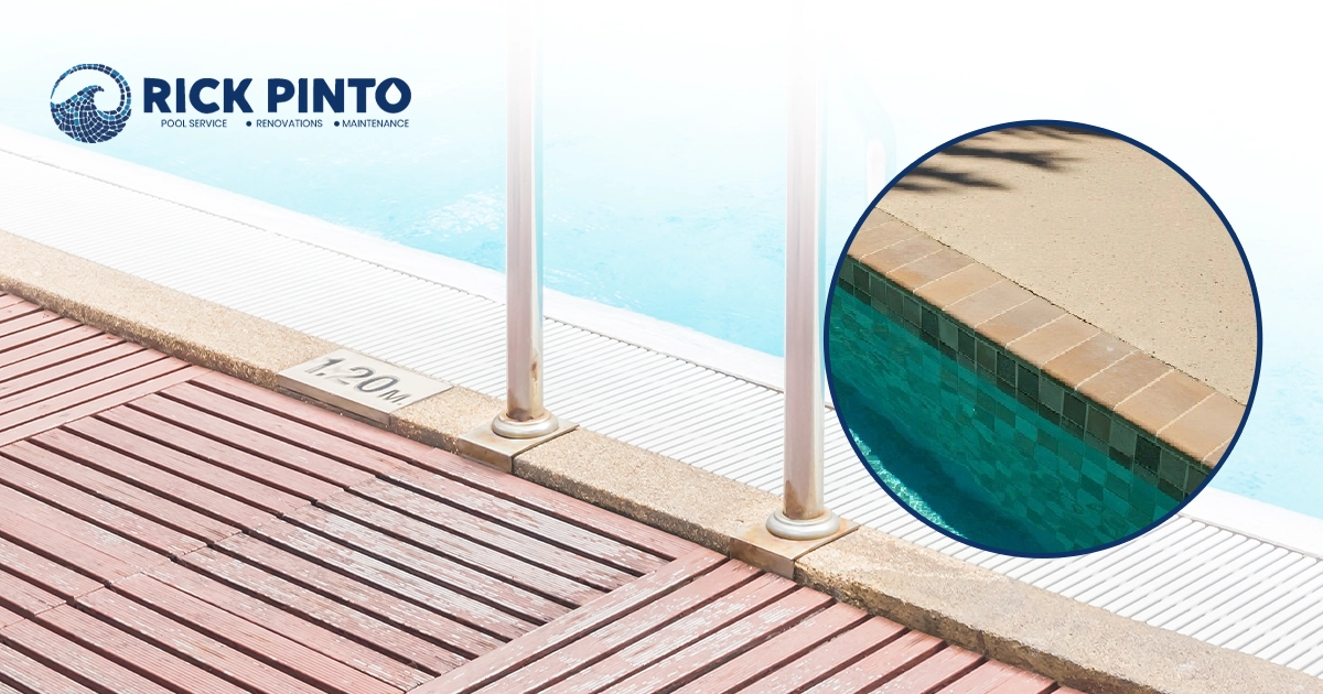 Cool poolside vibes! Check out the wooden deck, the inviting blue water, and those neat tiles.