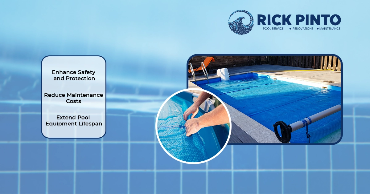 Banner featuring top benefits of professional Pool Cover Installation Services and Winter Pool Cover Installation.