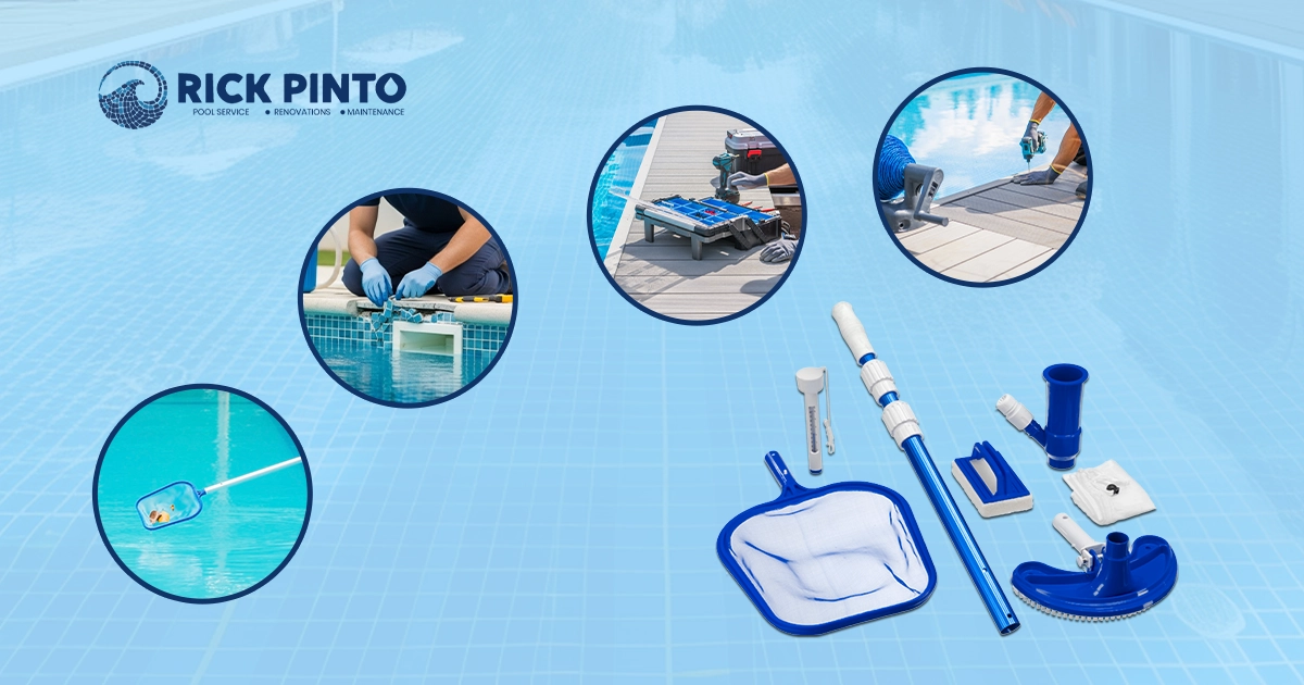 Four circular insets on a blue, tiled background depict various aspects of swimming pool maintenance: a person cleaning the skimmer, a pool pump being worked on, another person connecting a hose to pool equipment, and a net scooping leaves from the water. In the foreground, an array of pool cleaning tools is displayed, including a telescopic pole, brush, skimmer net, and testing strips.