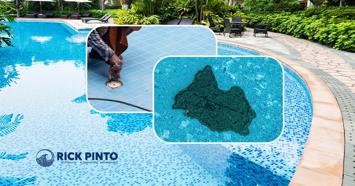 A close-up of a person repairing a swimming pool drain, with an inset showing a dark, irregular stain on the bottom of a pool, indicating a leak.