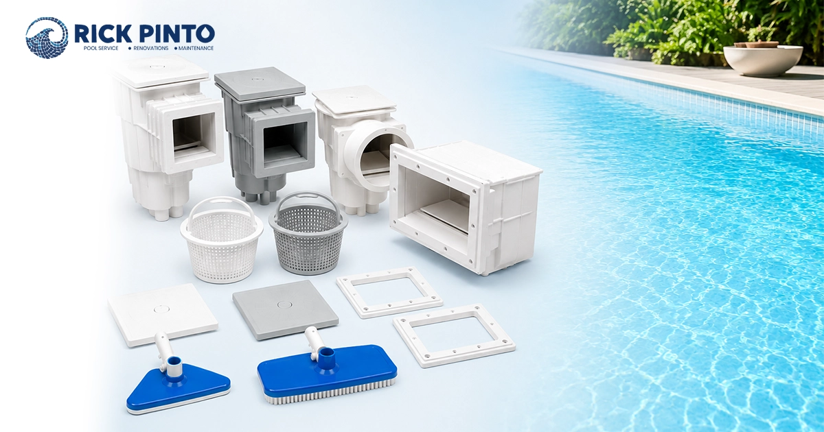 Various pool skimmer components, skimmer baskets, lids, and pool cleaning brushes displayed against a blue pool background, representing pool maintenance equipment.