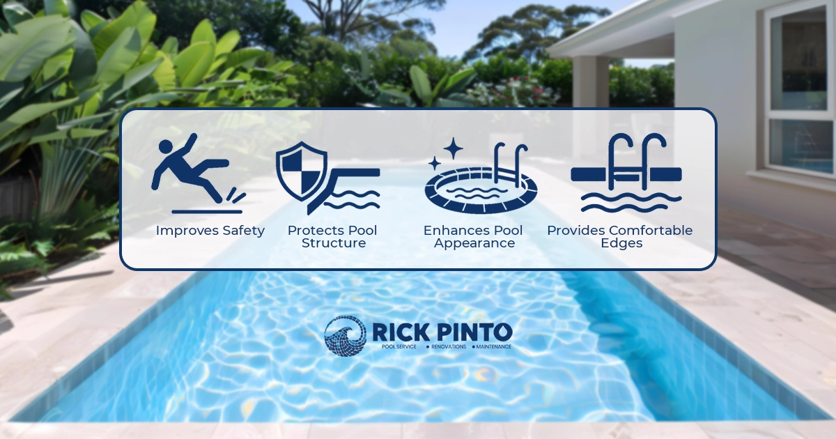 Tittled "POOL COPING GUIDE "showing side-by-side examples of sleek cantilever and drop-face pool stone edges.