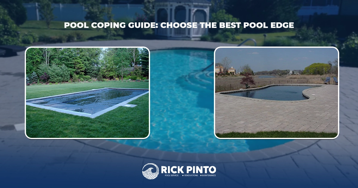 An infographic for Rick Pinto Pool Service highlighting four benefits of pool coping: safety, structural protection, appearance, and comfortable edges.