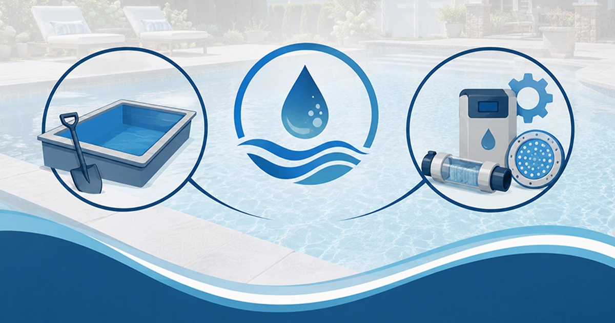 A graphic showcasing professional saltwater pool installation & upgrades, featuring an icon of a pool with a shovel, a water drop symbol, and pool maintenance equipment like pumps and filters.