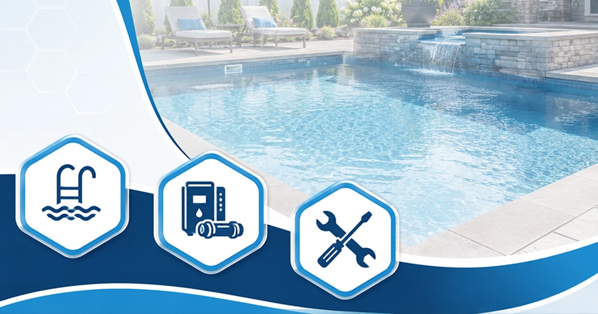 A banner for professional pool services featuring hexagonal icons representing pool installation, saltwater system upgrades, and general pool maintenance and repairs, set against a background of a luxurious backyard swimming pool.