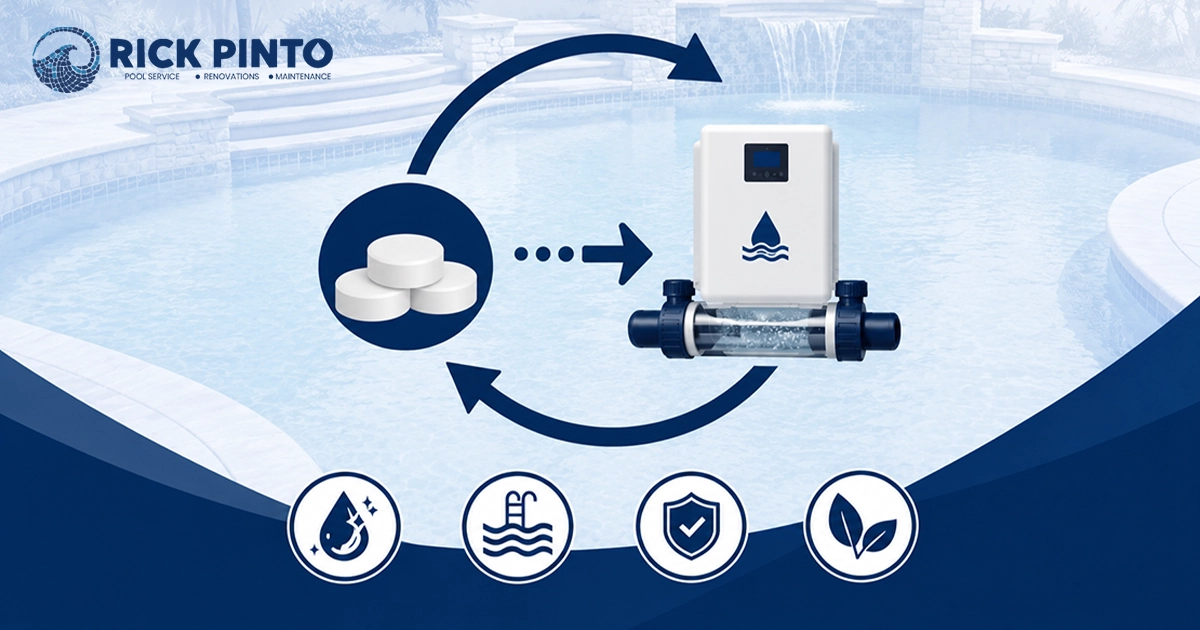 Infographic by Rick Pinto Pool Service explaining the benefits of a saltwater pool conversion, showing the transition from traditional chlorine tablets to an efficient saltwater chlorination system.