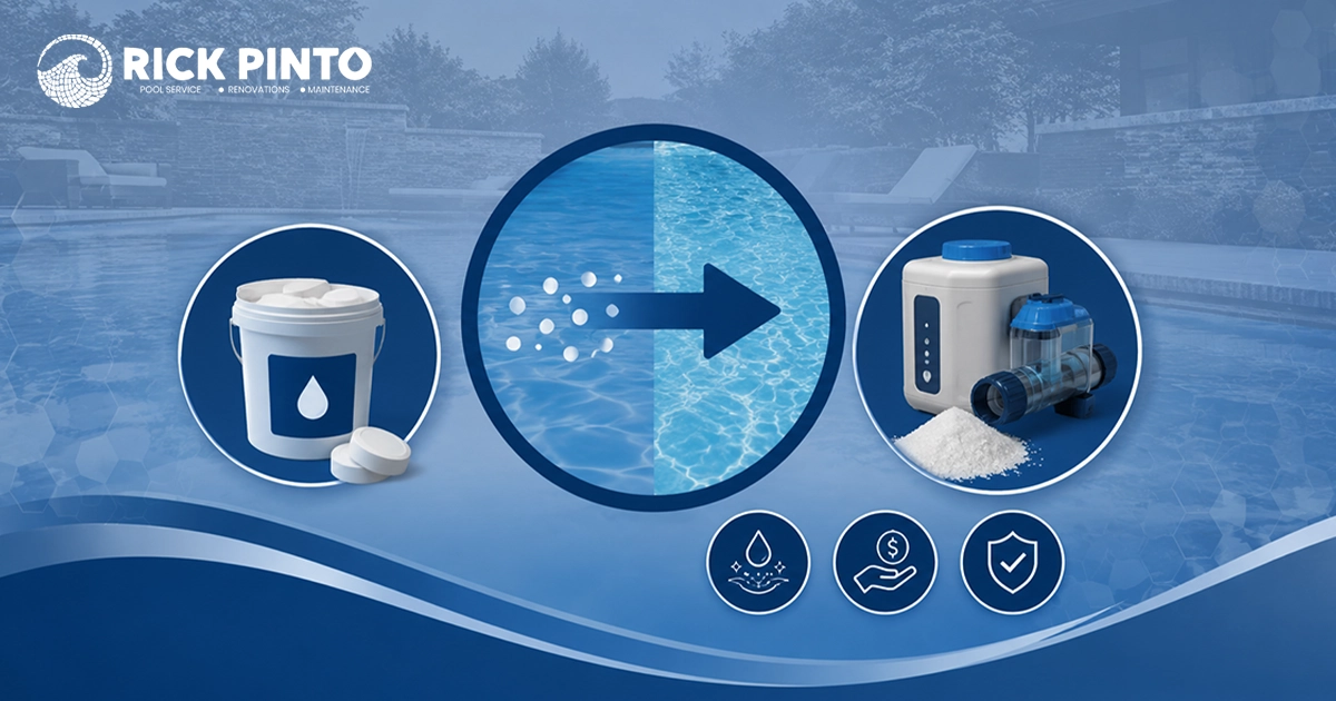 Visual comparison of chlorine tablets versus a saltwater pool system, representing the benefits of a professional saltwater pool conversion by Rick Pinto Pool Service.