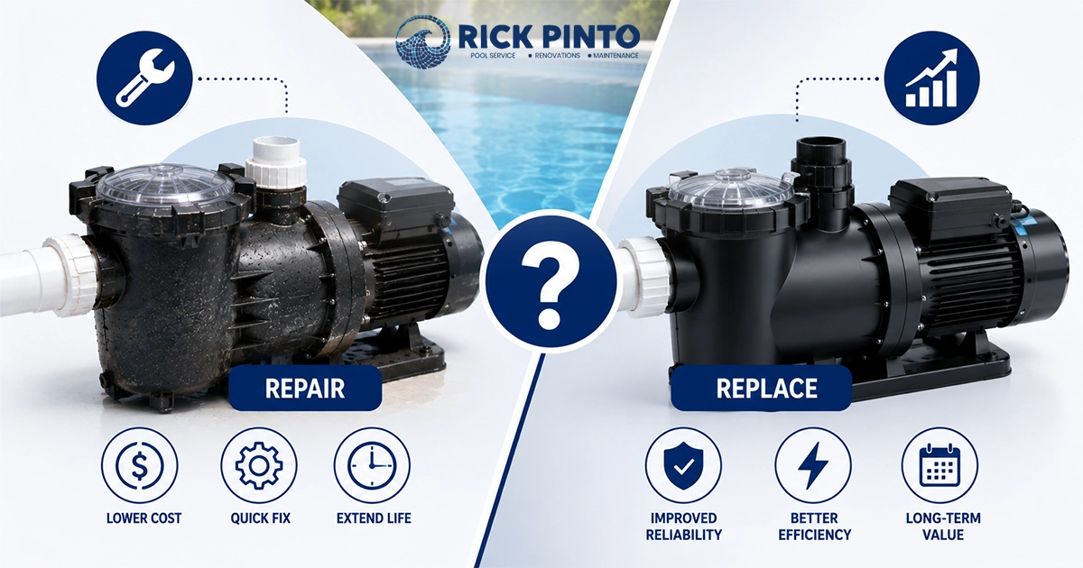 Pool pump repair vs replacement comparison by Rick Pinto Pool Service showing an old motor with lower cost benefits versus a new motor with better energy efficiency and long-term value