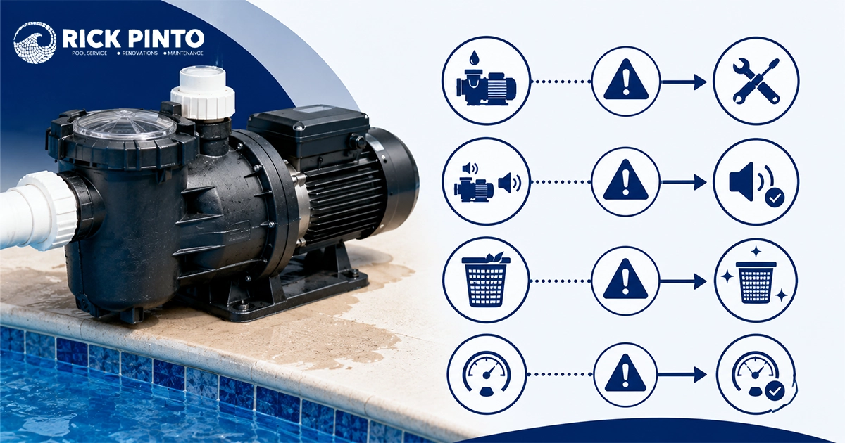 Pool pump repair process graphic by Rick Pinto Pool Service showing poolside pump motor with icons for leaks, loud noises, basket cleaning, and pressure adjustments