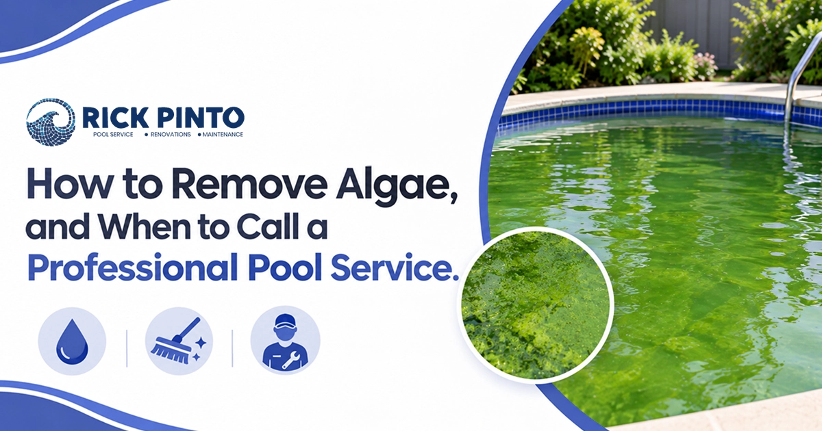 Graphic titled How to Remove Algae, and When to Call a Professional Pool Service with icons for chemical treatment, scrubbing, and professional repair