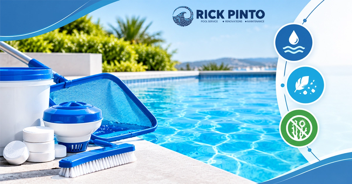 Rick Pinto pool maintenance and chemical service equipment set up beside a clean blue swimming pool.
